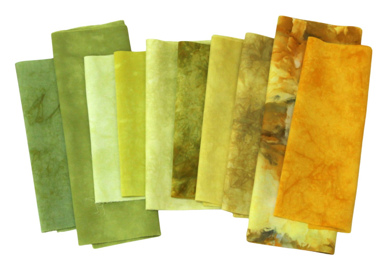 Itty bitty sampler pack of hand dyed quilting cotton in shades of olive and gold