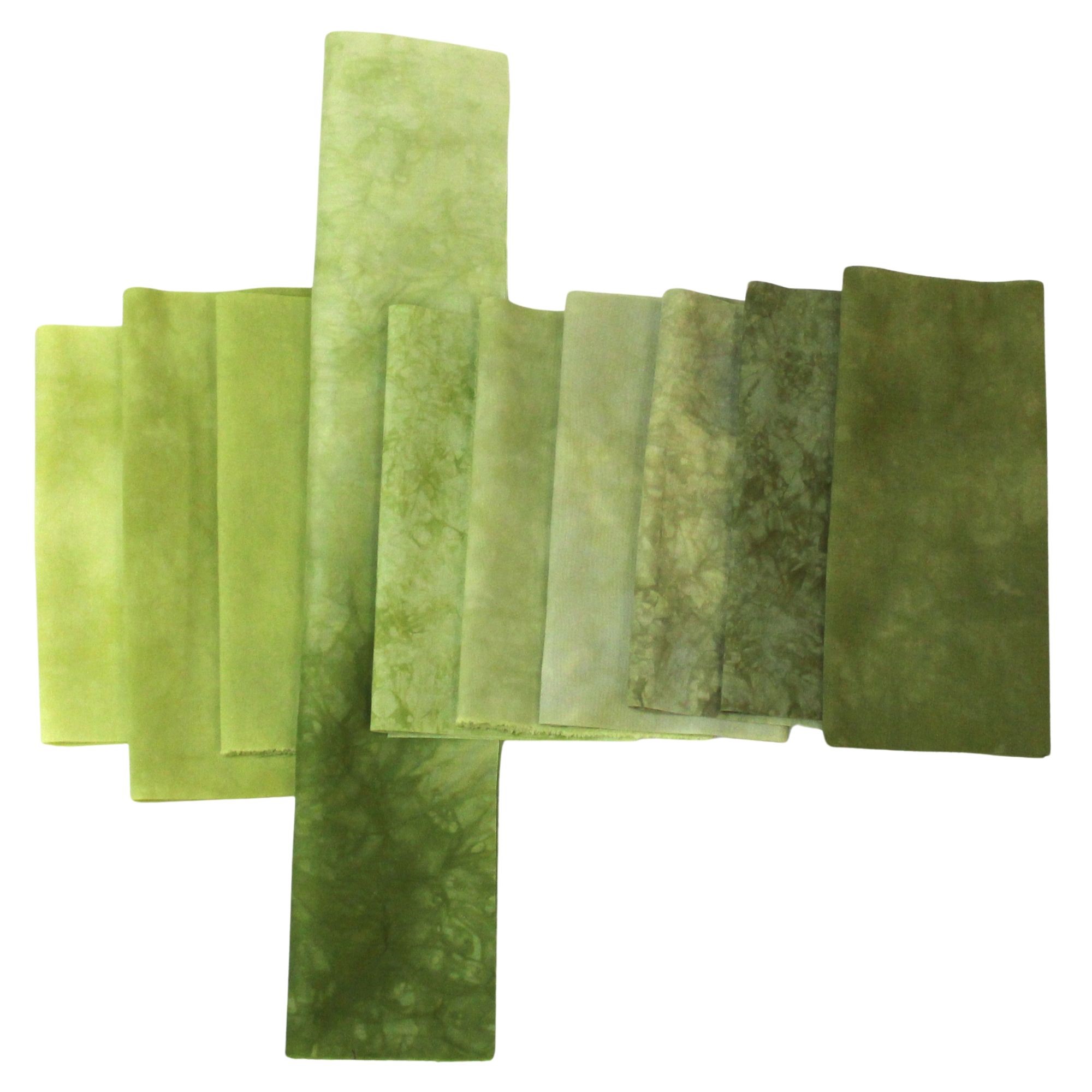 small stash bundle of hand dyed quilting cotton in shades of olive green